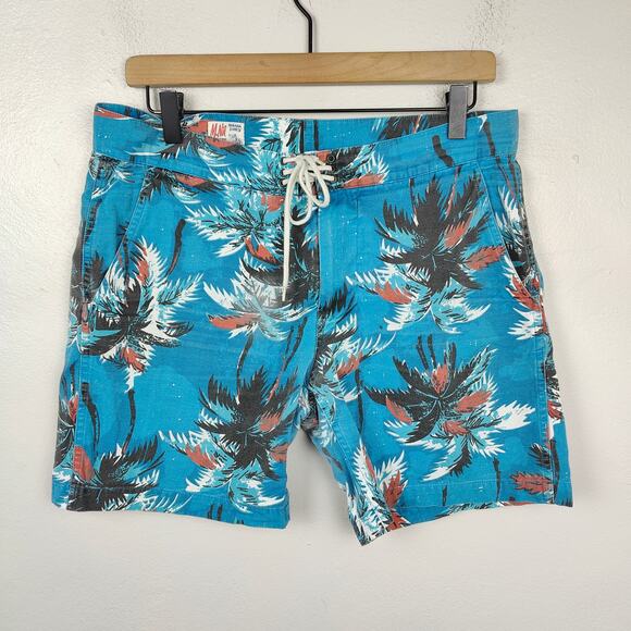 M Nii Makaha Hawaiian‎ Swim Trunks Mens 30 Blue Tropical Print Shorts Lined Vtg - Picture 1 of 7